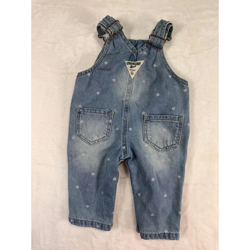 OshKosh B'gosh Denim Overalls 3M Blue Pink Heart Print Vestbak Baby Girl